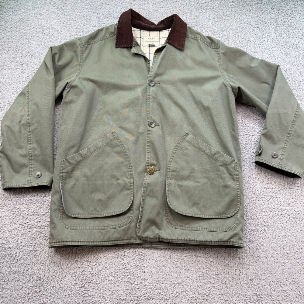 J.Crew Mens Vintage Barn Jacket Olive Green Corduroy Collar Plaid Lined Large
